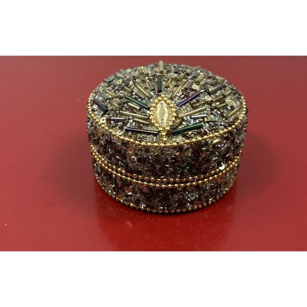 Sequin Covered Metal Trinket Box Black‎ Felt Linning